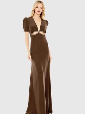 Mac Duggal Brown Plunge Neck Puff Sleeve Cut-Out Gown with Rhinestone Trim